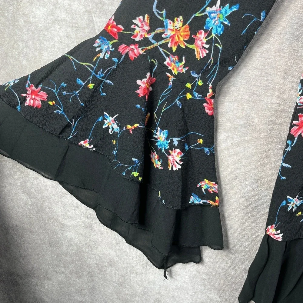 UMGEE Top Womens Large Black Floral Ruffle Tie High Neck Bell Sleeve Boho Hippie - Picture 4 of 9